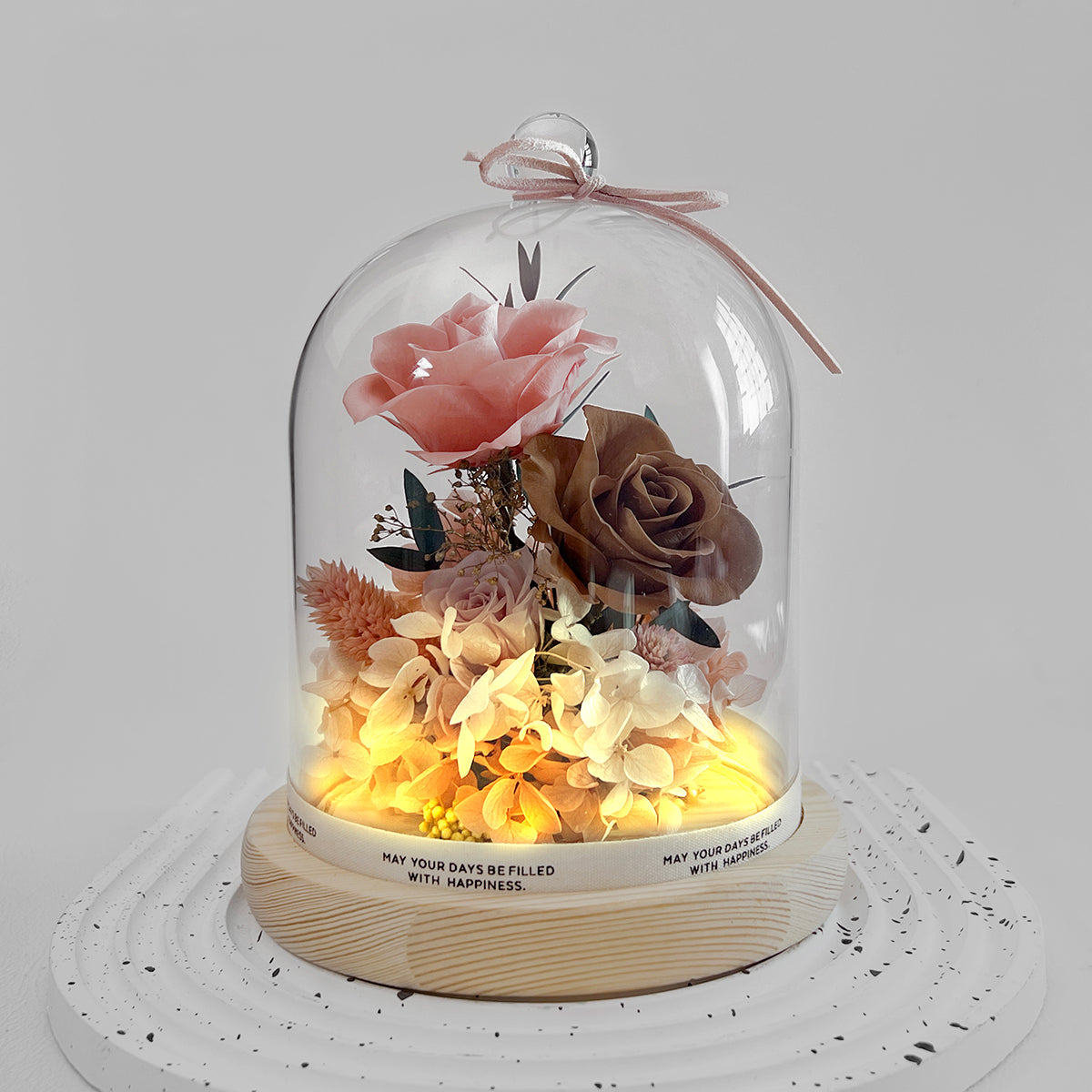 Blooms by Amora Night Light Wooden Dome C (3Roses)-Wod015cp-12*15cm