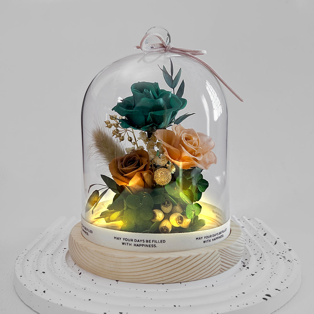 Blooms by Amora Night Light Wooden Dome D (3Roses)-Wod015dp-12*15cm