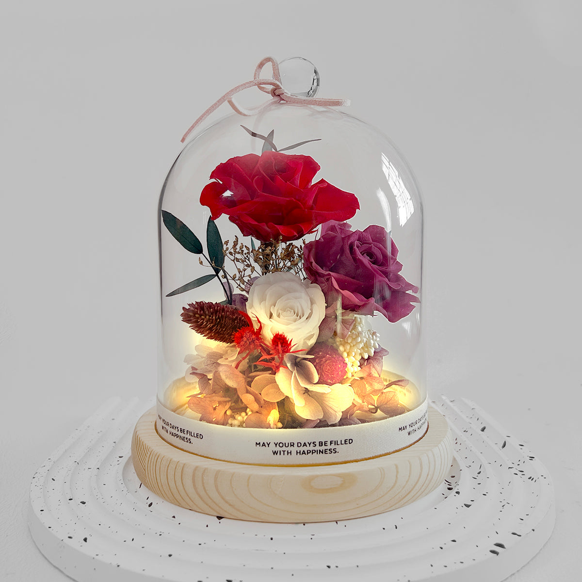 Blooms by Amora Night Light Wooden Dome F (3Roses)-Wod015fp-12*15cm