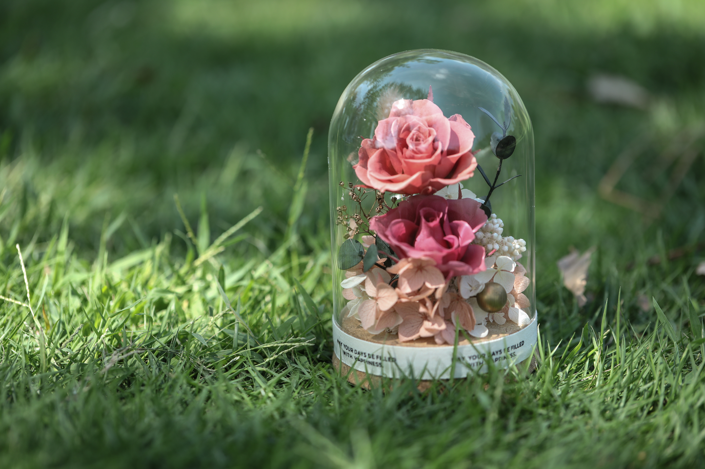 Preserved flowers for decoration Dried boutonnieres Dried floral arrangements  Flowers [natural] Dried plants for decoration  Dried flowers for decoration Natural plants and flowers Blooms by Amora Cork Base Dome B (2Roses)-Cor008bp-8.5*12cm